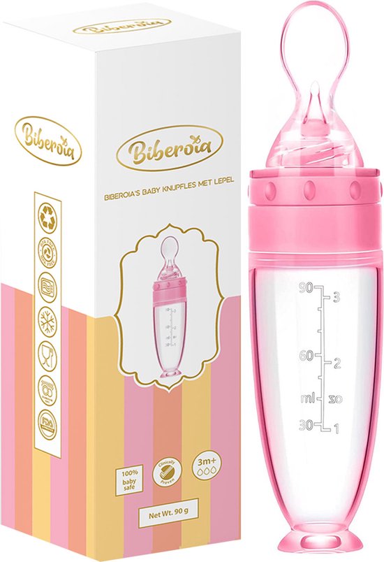 Knijpfles met lepel - Drinkfles - Baby / Kinderbestek - Kraamcadeau - Babyshower - Roze van Candide