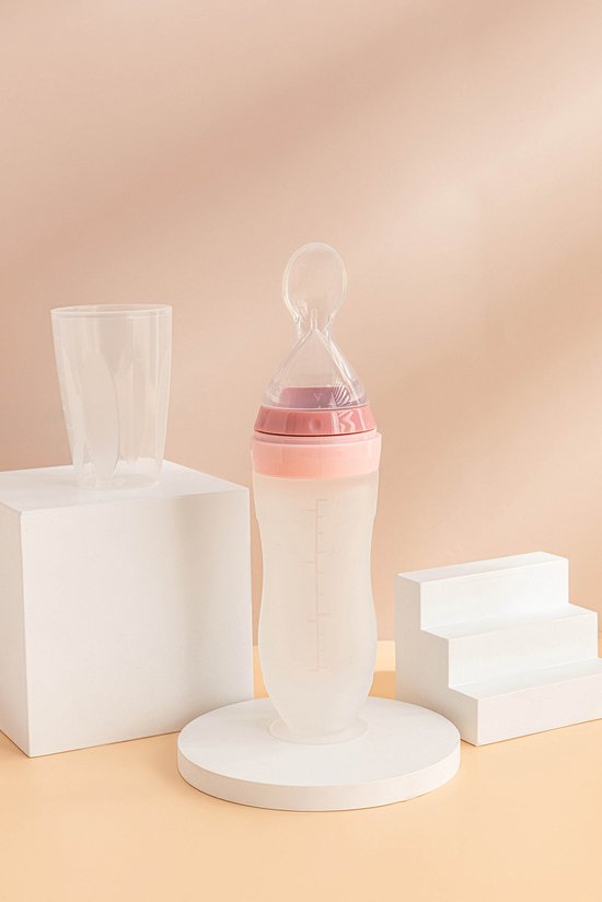 Knijpfles met lepel - Life Nur - Baby / Kinderbestek - Kraamcadeau – Babyshower - Roze - 120ml van Life Nur