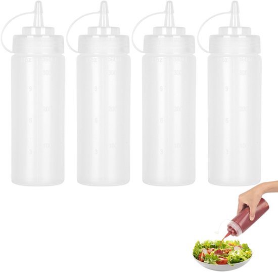 knijpfles voor sauzen, 4 stuks 500 ml (16 oz) plastic quetschfles met doppen - BPA vrij, geen lekkage - Condimentflessen voor kleuren, bakken, ketchup, pittige sauzen, olijfolie, kruidenflessen