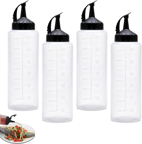 Knijpflessen set van 4 - 350 ml spuitflessen voor Mayo, saus, mosterd, olijfolie met trechter