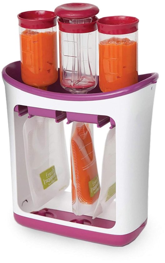 knijpstation babyvoedselmaker en zakjesvuller - Voedselpers - vult 3 herbruikbare zakjes tegelijk - eenvoudig te gebruiken - vaatwasserbestendig - essentieel voor het bereiden van zelfgemaakte babyvoeding - Wordt geleverd met 10 zakjes en flessendopp van Superfill Baby.