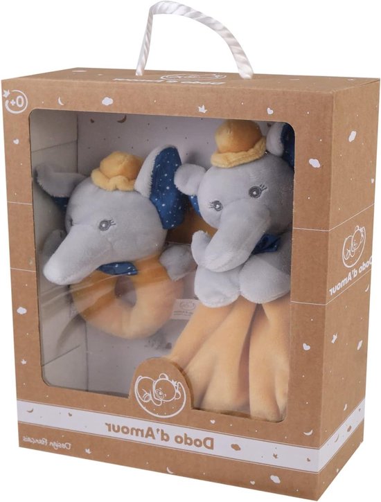 Knuffel en rammelaar - Baby speelgoed set - Troost en stimulatie - Verschillende texturen - 29 cm - Mosterd