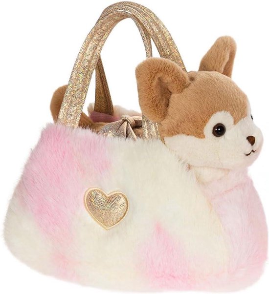 Knuffel Hond Chihuahua - Zacht Dier - Spelen en Dragen - Met Trendy Tas - 18 cm - Bruin Beige