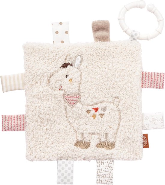 Knuffel Lama - Rammelaar met Ring - Baby Ontwikkeling - Verschillende Texturen - 16 x 16 cm - Beige van Merkloos
