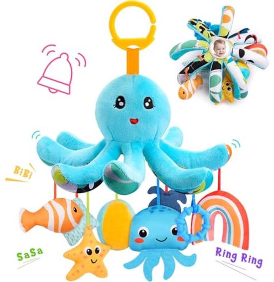 Knuffel Octopus Baby Speelgoed 0-18 Maanden - Met 8 Hangende Sensorische Speelgoed & Spiegel - Montessori Motoriek Speelgoed voor Wieg en Kinderwagen (Wasbaar, Organisch Katoen) van Merkloos