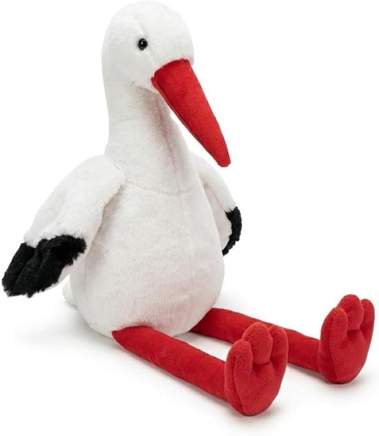 Knuffel Ooievaar - Pluche Vogel - Geboorte Cadeau - Traditionele Babydrager - 21 cm zittend - Wit Zwart Rood