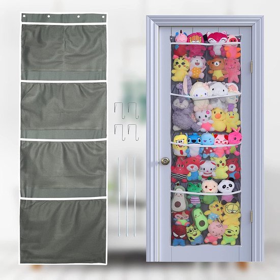 Knuffel Opberger - Pluche Organizer - Kamer Opruimen - 5 Grote Zakken - 150cm Hoog - Grijs