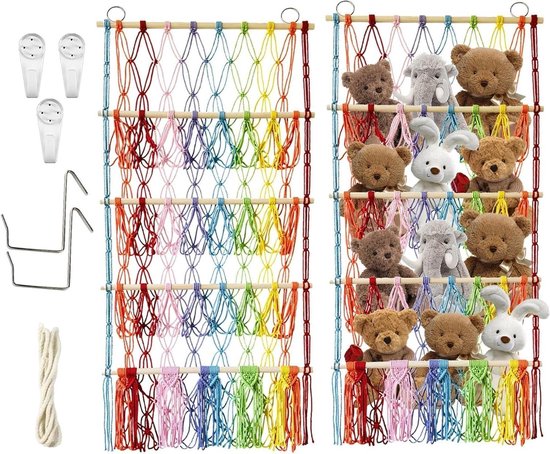 Knuffel Opberger - Speelgoed Net - Kinderkamer Organiseren - 4 Lagen Boho Design - 105 x 52 cm - Meerkleurig