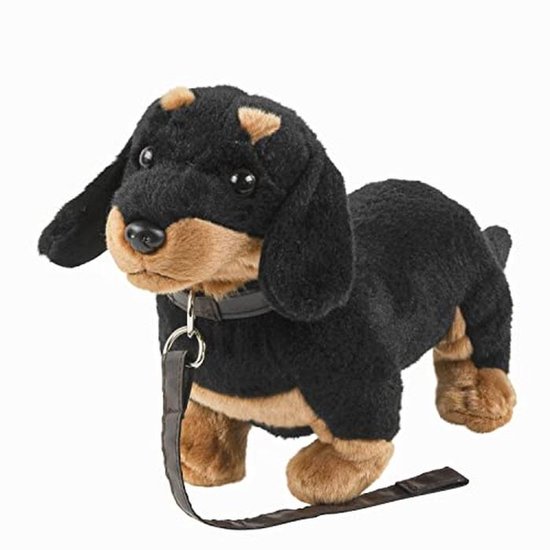 Knuffel teckel 28 cm pluche hond zwart-bruin met riem van Merkloos