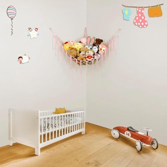 Knuffelbed Opbergnet - 2 Stuks, Hangend Organizer voor Speelgoed in de Kinderkamer, Macramé en Stof, Ideaal voor Knuffeldieren en Teddy's (Roze)
