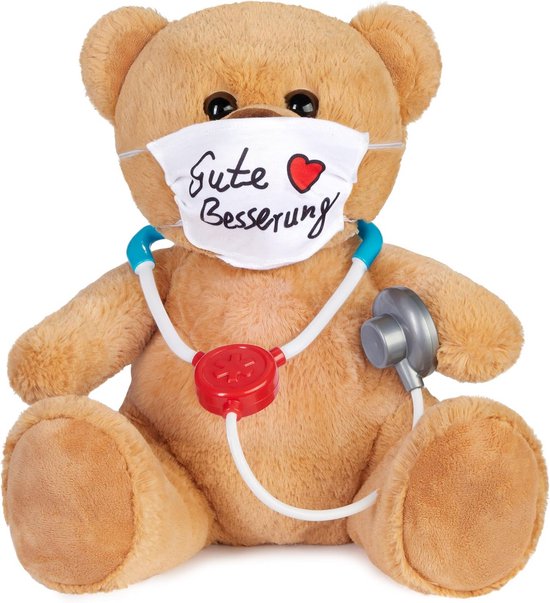 Knuffelbeer met Mondkapje - Troostbeer Dokterbeer - Beterschap Wensen - Zachte Stethoscoop - 35 cm Hoog - Bruin