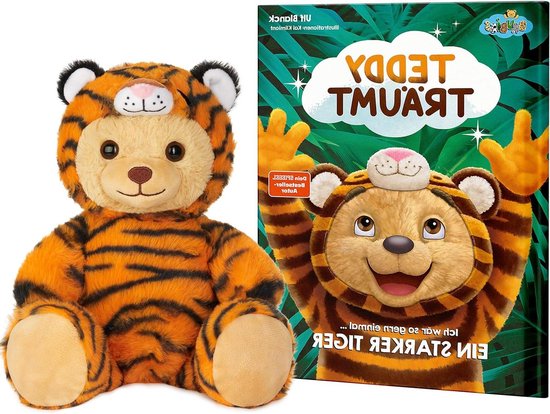 Knuffelbeer met Prentenboek - Pluche Tijger Verhaal - Voorlezen Kinderen - Zelfverzonnen Avonturen - 25 cm Beer 31 cm Boek