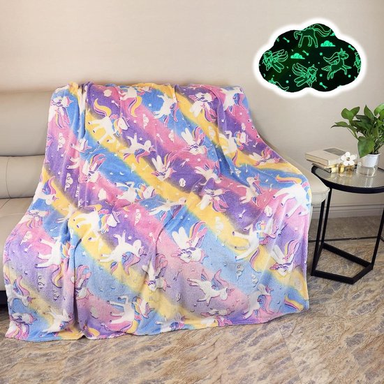 Knuffeldeken Eenhoorn - Fleece Deken Kinderen - Warmte en Comfort - Lichtgevend Design - 130 x 150 cm - Regenboog