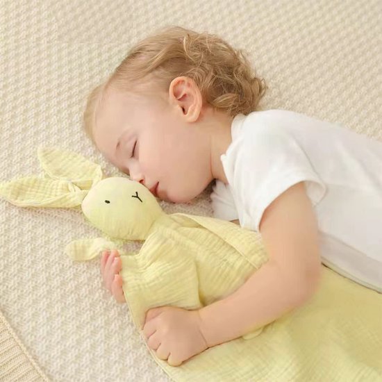 Knuffeldeken, knuffeldeken met haasjeshoofd, dubbelgelaagde tule van 100% biologische katoen, babycadeau voor de geboorte van jongen & meisje (geel)