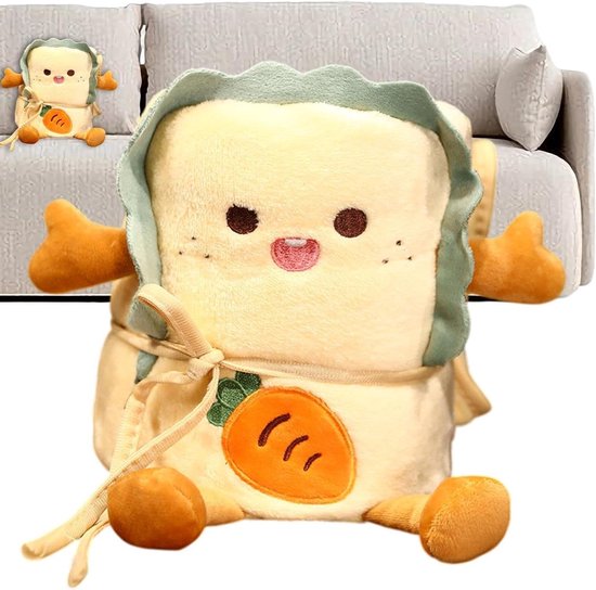 Knuffeldeken met kussen - 2-in-1 deken - Kinderen comfort - Creatief brood design - 90 x 115 cm - Wortel