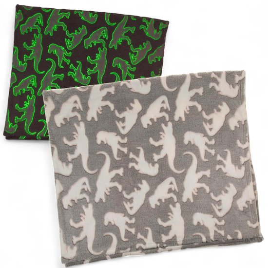 Knuffeldeken met oplichtend motief, stijlvolle woondeken met uniek glow-in-the-dark effect, perfect om te knuffelen, polyester, kleur grijs (dinosaurus, 150 x 130 cm)