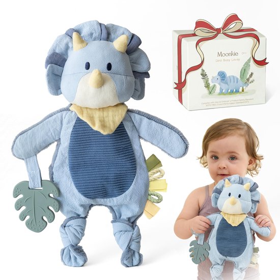 Knuffeldekens voor Baby, Knuffelige Dinosaurus Pluche Babydeken, met Siliconen Bijtring, Cadeautjes voor Jongens voor Babyborrels en Verjaardagen, Baby Veiligheidsdeken met Knisperende Oren