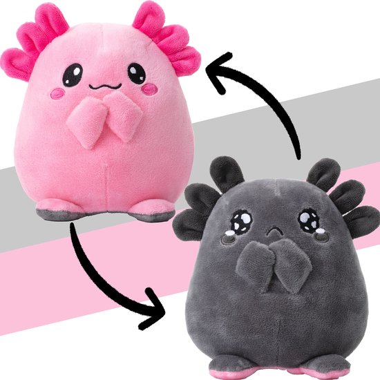 knuffeldier, 16 cm pluche dier om om te draaien, Axolotl "Spotl & Pebbles" roze, grijs | schattig vs. triest