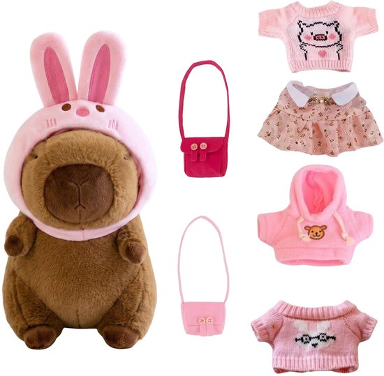 Knuffeldier 28 cm Capybara pluche dier Capibara spullen met hoofddeksel tas kleding simulatie dier Capybara poppen voor verjaardagscadeau (Capybara Pink)