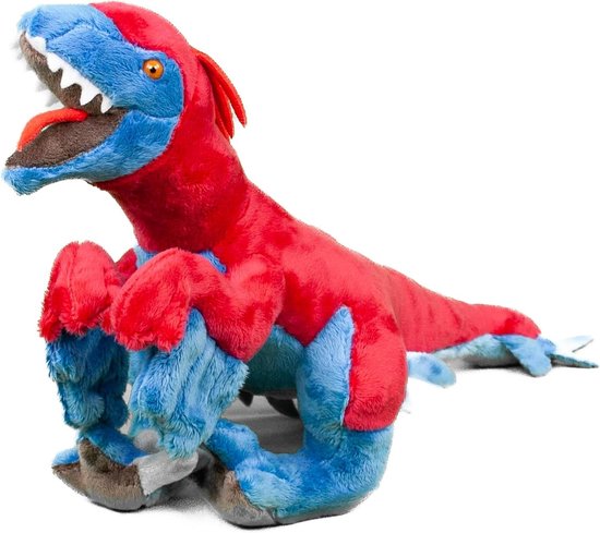 Knuffeldier Dino - Pluche Dinosaurus - Fantasierijk Spel - Machinewasbaar - 36 cm - Blauw Rood