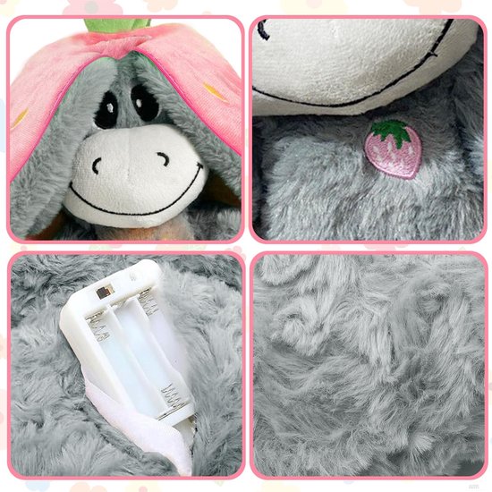 Knuffeldier, ezel, knuffeldier, om in slaap te vallen, met led-muziek, knuffeldier, adembeweging, slaaphulp voor cadeau, speelgoed, roze