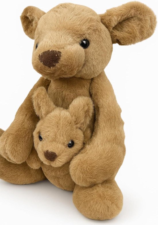 Knuffeldier Kangoeroe - Pluche Dier Baby - Kinderkamer Decoratie - Met Baby In Buidel - 38 cm - Bruin