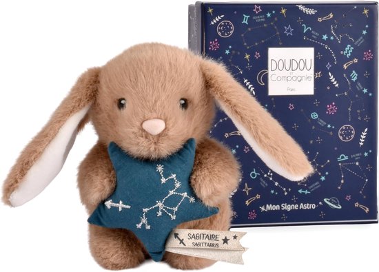 Knuffeldier Konijn Boogschutter - Baby knuffel Pluche dier - Troost en veiligheid - Geborduurd sterrenbeeld - 12 cm - Wit