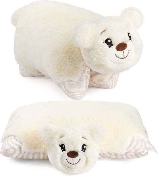 Knuffeldier Kussenbeer - 2 in 1 Teddybeer en Knuffelkussen - 40 x 30 cm Pluche Dier - Opvouwbaar Kinder Pluche Kussen met Klittenband - Dierenkussen Zacht Speelgoed Teddy - Beige van Bello Luna