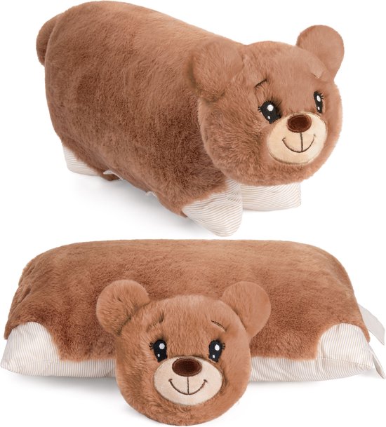 Knuffeldier Kussenbeer - 2 in 1 Teddybeer en Knuffelkussen - 40 x 30 cm Pluche Dier - Opvouwbaar Kinder Pluche Kussen met Klittenband - Dierenkussen Zacht Speelgoed Teddy - Bruin van Dykeson