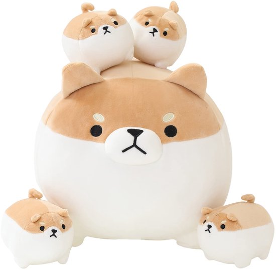 Knuffeldier met 4 Shiba Inu-knuffels in haar buik, gevuld katoenen pluche dier speelgoed cadeau voor kinderen