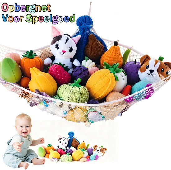 Knuffeldier Opbergnet – Hangmat En Speelgoed-Organizer Voor Kinderkamer, Slaapkamer – 120 x 120 x 180 cm – Wit – 1 Stuk