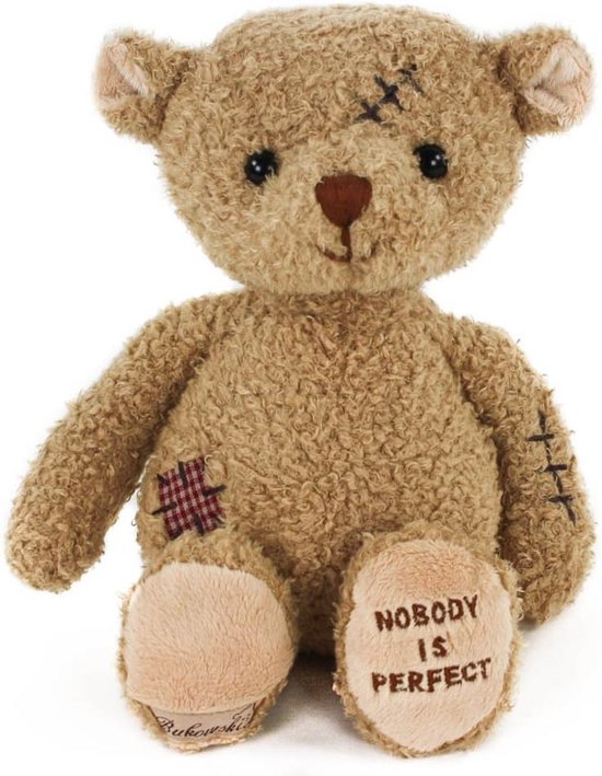 Knuffeldier Teddybeer 25 cm - Nobody is Perfect - Bruin met Patches