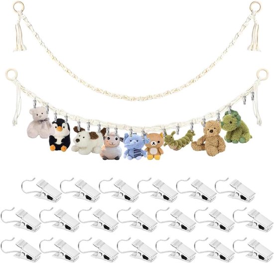 Knuffeldierhouder met Klemmen - Pluche Opberger - Kinderkamer Organiseren - 20 Verstelbare Clips - 2 Meter Lengte - Kleurrijk