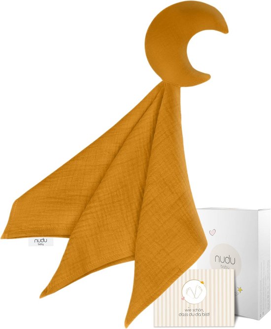 Knuffeldoek 100% Biologisch Katoen - Zachte Mousseline Doek in Maanvorm - Okergeel - Cadeau met Kaart