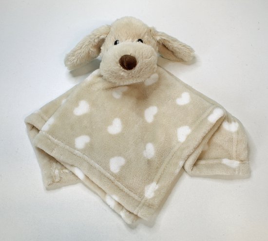 Knuffeldoek Hond – Baby Knuffeldoekje – Zacht beige met wit Hartje – Kraamcadeau Baby – Knuffelvriendje