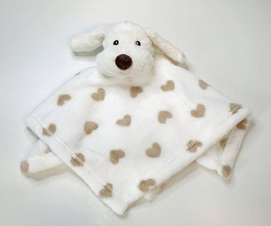 Knuffeldoek Hond – Baby Knuffeldoekje – Zacht Wit met Beige Hartje – Kraamcadeau Baby – Knuffelvriendje