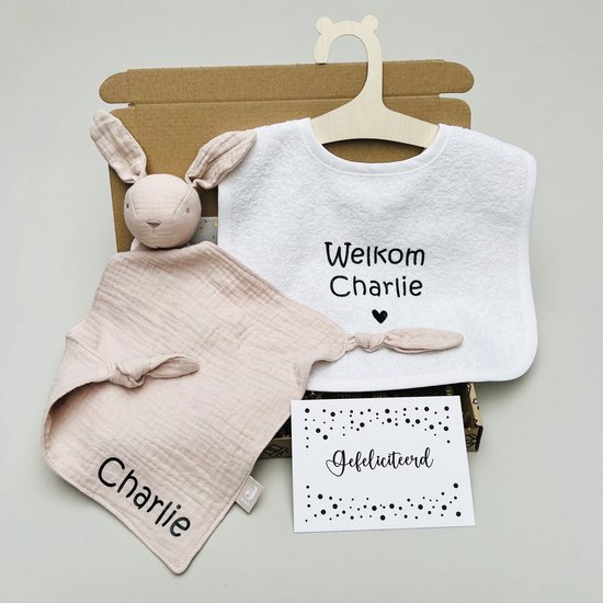 Knuffeldoekje en slab met naam - Baby brievenbus cadeau - gepersonaliseerd kraamcadeau - geboorte baby - cadeau pasgeboren baby - Jollein knuffeldoekje - Baby cadeau met naam van Jollein