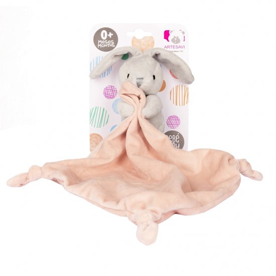 Knuffeldoekje Konijn Rammelaar Konijntje Grijs/Roze 25x25 cm van Funnies.