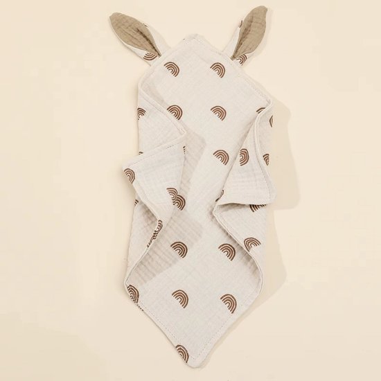 Knuffeldoekje met oortjes - Katoen - Hydrofiel - Baby - Kind - 25x25cm - Regenboogjes bruin van OYOY Living Design