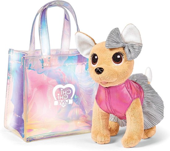 Knuffelhondje Chi Chi Love - Pluche hond Chihuahua knuffel - Kinderspeelgoed - Glanzende jurk en tas - 20 cm - Meerkleurig