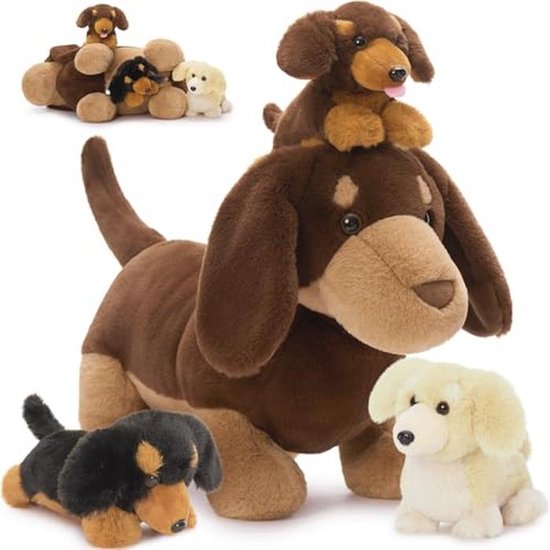 Knuffelige teckel hond teddy met babypuppies - 45 cm zacht speelgoed voor kinderen