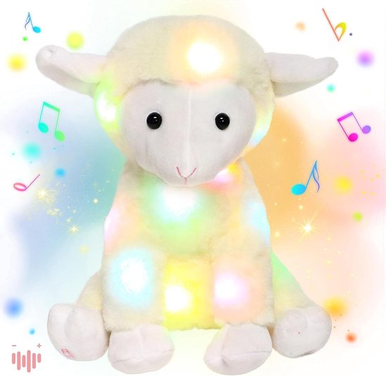 Knuffellammetje met Muziek - Zingend Schaap Pluche - Kinderslaap Hulp - Glow in the Dark - 28 cm - Wit