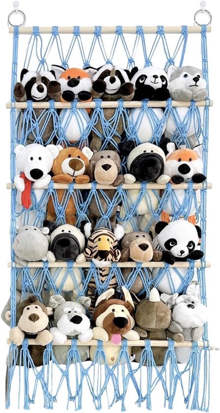 Knuffelnet Opbergrek - Pluche Organizer - Speelgoed Opbergen - Verstelbare Lengte - 4 Lagen - Blauw