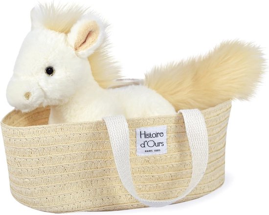 Knuffelpaard Palomino Liggend in Rietmand - Zacht Pluchen Dier - 25 cm - Geschikt Vanaf Geboorte