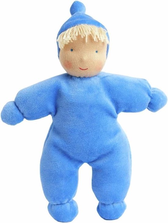 Knuffelpop Lolo Wolke - Waldorf pop - Knuffelen en spelen - Handgemaakt in Europa - 21 cm - Blauw