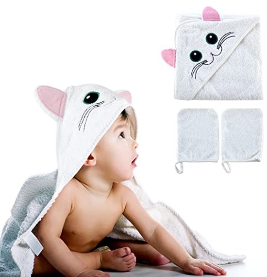 Knuffelzachte babyhanddoek met capuchon (75 x 75 cm) incl. 2 washandjes van Merkloos