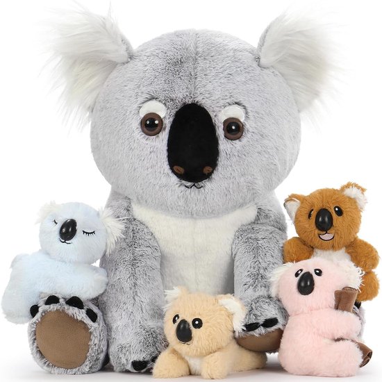 Koala Knuffeldier - Pluche Speelgoed - Slaap Hulp - Met 4 Baby's - 45 cm - Grijs-Wit