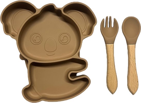 Koala Siliconen babyservies set met zuignap - Bruin - Kinderservies set - Babybordje - Kinderbordje - Baby servies - Babybestek - Kinderbestek – Babybestek - Oven, vriezer en vaatwasserbestendig - BPA en PVC vrij bord van KOALA