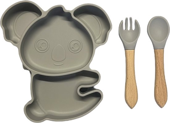 Koala Siliconen babyservies set met zuignap - Grijs - Kinderservies set - Babybordje - Kinderbordje - Baby servies - Babybestek - Kinderbestek – Babybestek - Oven, vriezer en vaatwasserbestendig - BPA en PVC vrij bord van KOALA