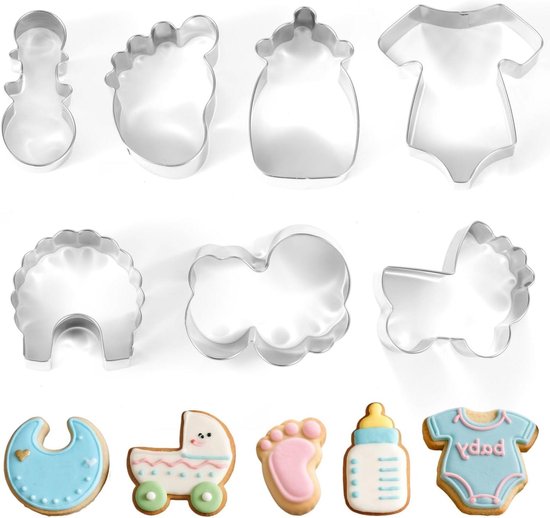 Koekjesvormpjes Set Baby Shower Thema - Rompertje, Slabbetje, Rammelaar, Flesje, Wagentje, Voetje - Bakvormen voor Baby Shower en Verjaardagsfeestjes